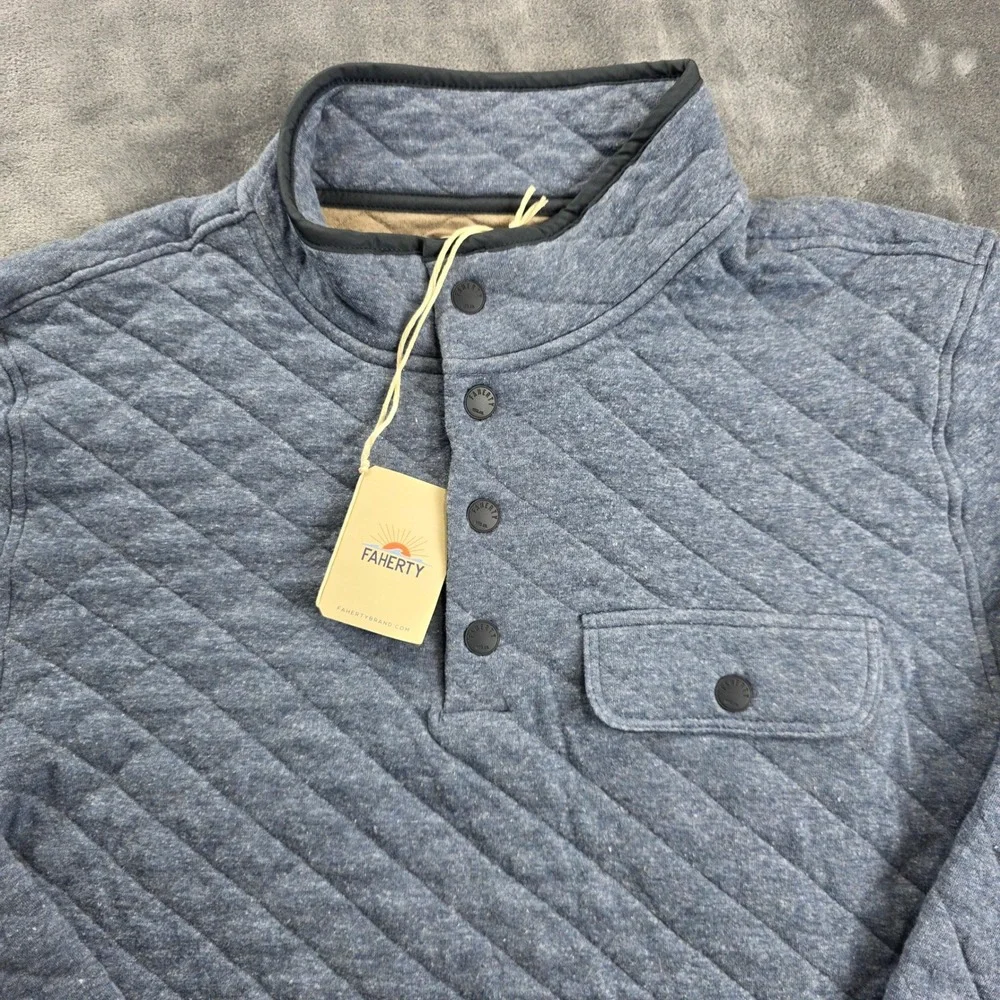 NEW Faherty Epic Quilted Fleece Pullover Mens Small Blue Diamond Snap Mock‎ Neck
